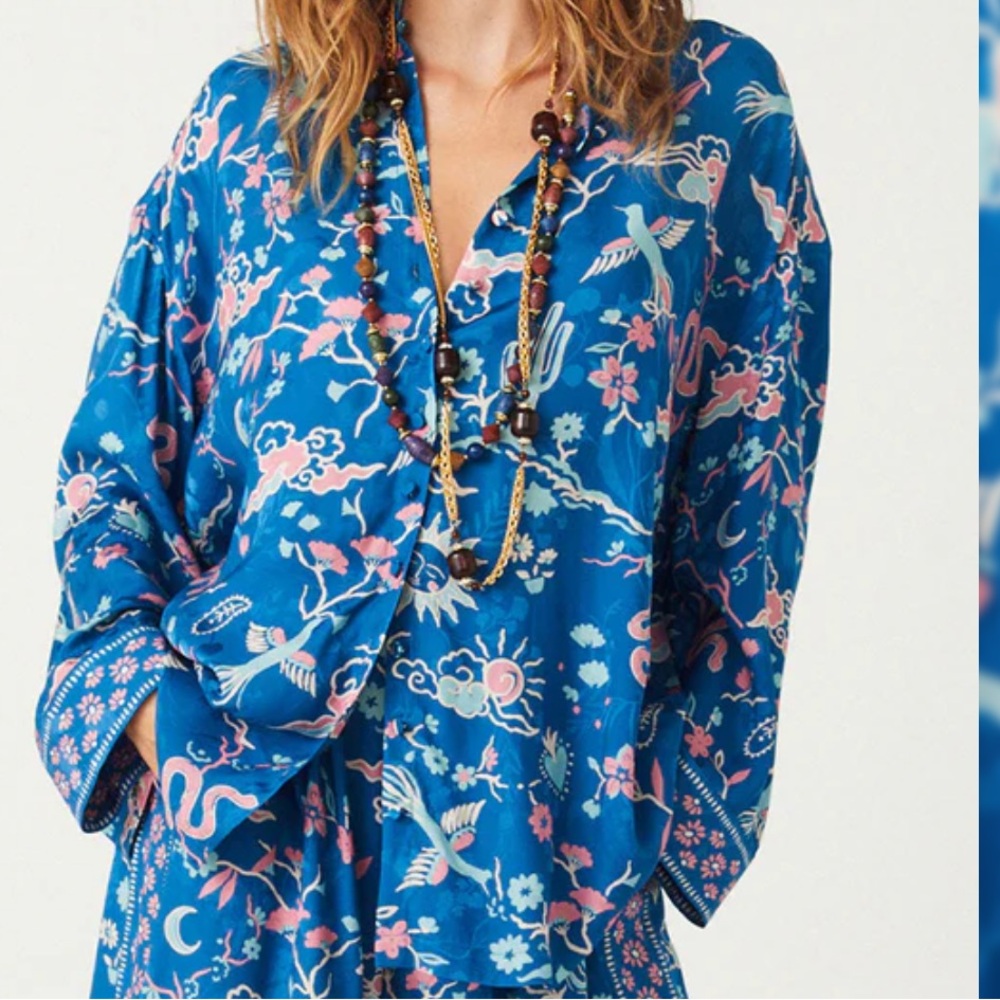 Spell NWT Desert Bandita Cobalt Blue and Pink Floral Woven Button Down Shirt